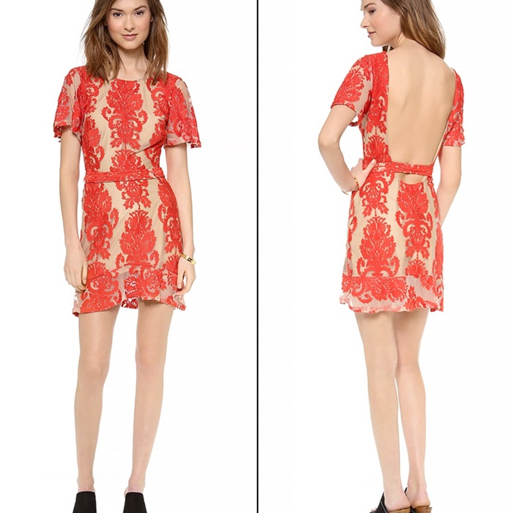 For Love and Lemons San Marcos Red and Tan Lace Mini Dress Size M